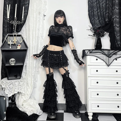 Gothic Alt Grommet Straps Ruffle Lace Mini Skirt