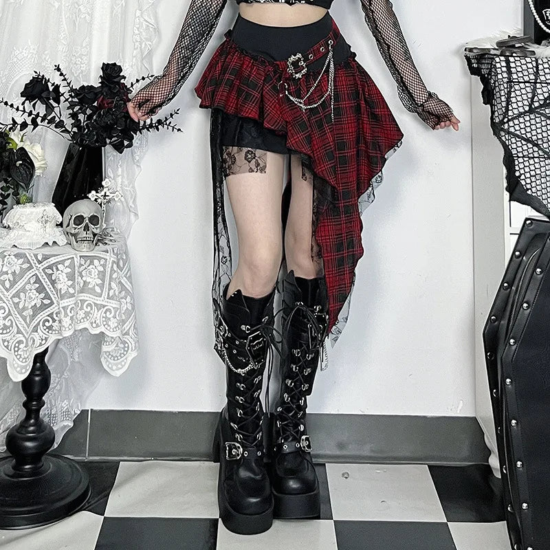 Gothic Grunge Alt Goth Harajuku Black Red Plaid Irregular Hem Mini Skirt