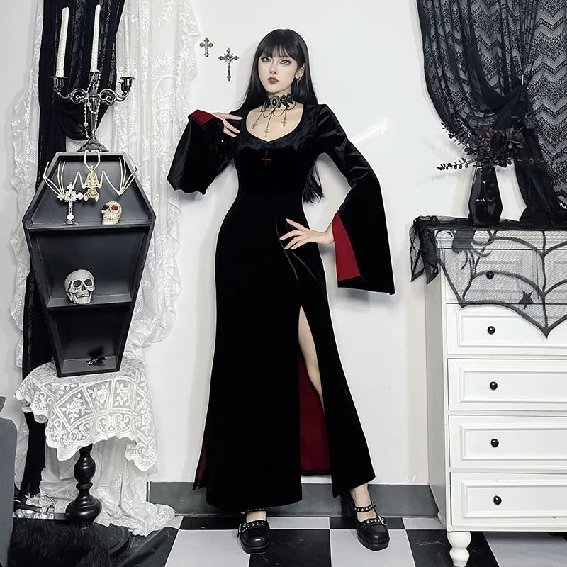 Gothic Alt Vampire Goth Open Bell Sleeves High Slit Long Dress