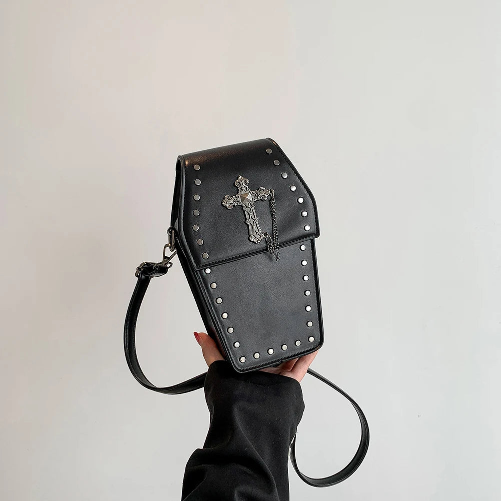 Gothic Cross Coffin Shaped PU Leather Crossbody Bag