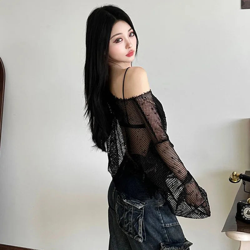 Gothic Y2K Alt Fishnet Mesh See Through Long Sleeves Top