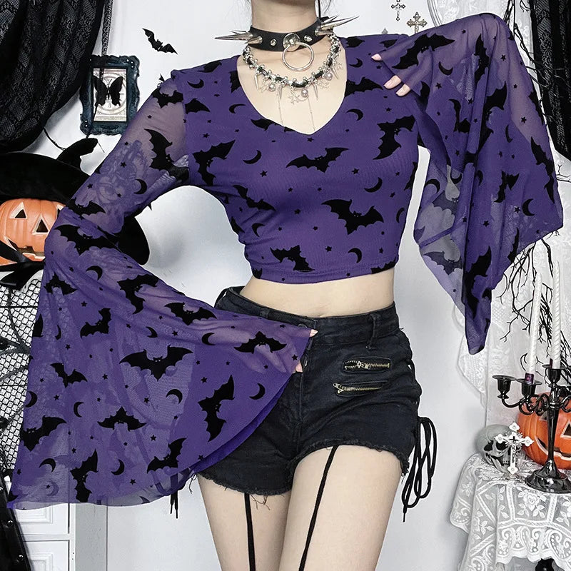 Gothic Alt Goth Batwing Flock V-neck Long Sleeve Top