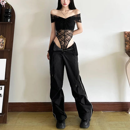 Gothic Alt Goth Off Shoulder Lace Mesh Bodysuit Top