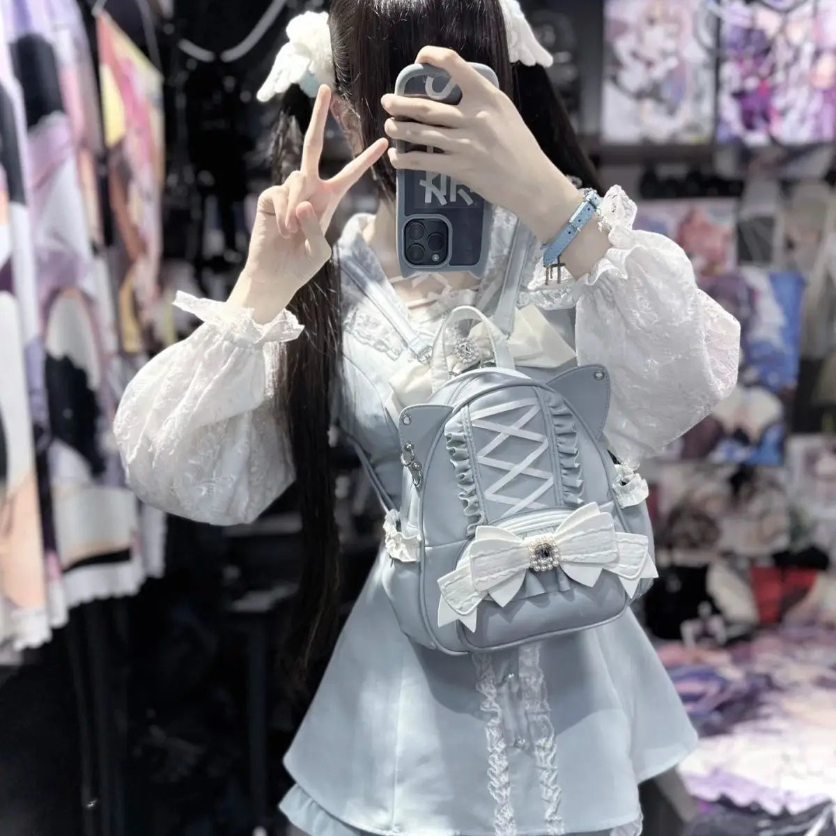 Gothic Y2K Harajuku Lolita Lace Bow Cat Ear PU Leather Backpack Bag (available in 3 colors)