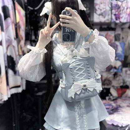 Gothic Y2K Harajuku Lolita Lace Bow Cat Ear PU Leather Backpack Bag (available in 3 colors)