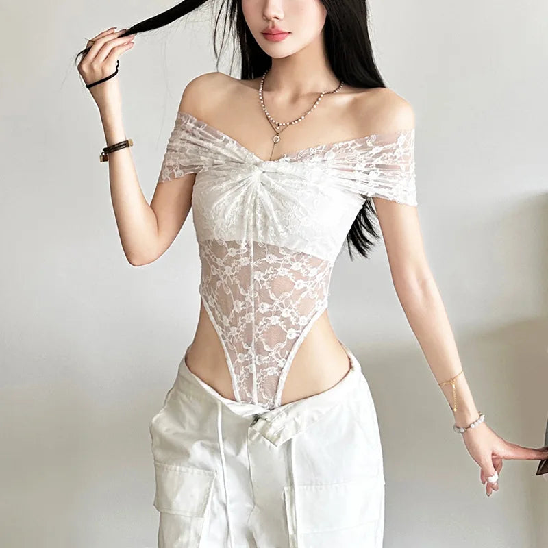 Gothic Alt Goth Off Shoulder Lace Mesh Bodysuit Top