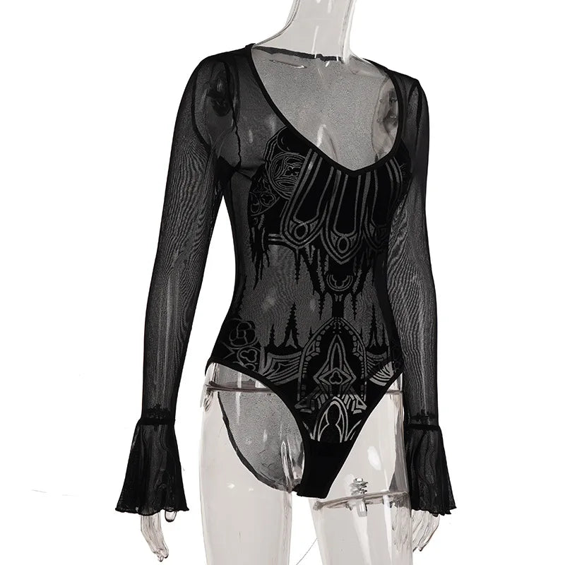 Gothic Y2K Alt Goth Cathedral Print See Through Mesh Flare Cuffs Bodysuit Top
