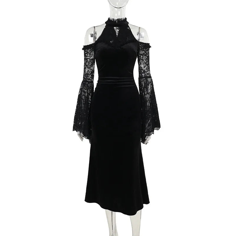 Gothic Romantic Goth Cold Shoulder Lace Patchwork Long Velvet Dress ROCK 'N DOLL Gothic Romantic Goth Cold Shoulder Lace Patchwork Long Velvet Dress ROCK 'N DOLL