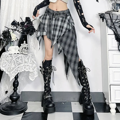 Gothic Grunge Alt Goth Harajuku Black White Plaid Irregular Hem Mini Skirt