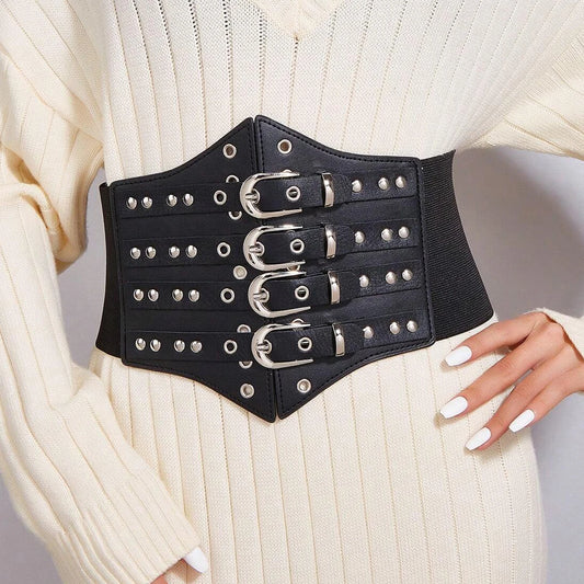 Gothic Alt Goth Studded Multiple Buckles Wide Elastic Cummerbund Belt