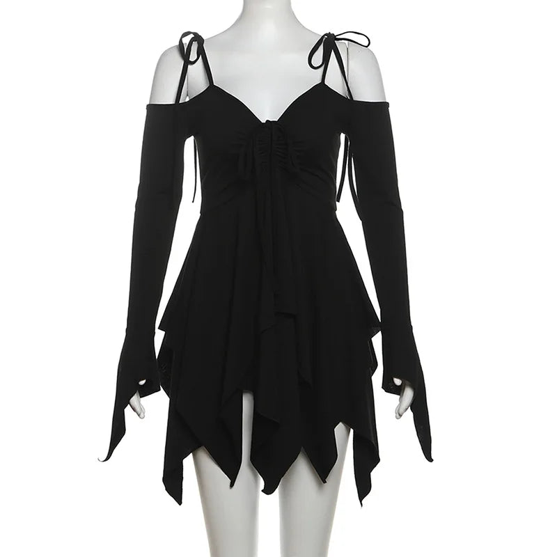 Gothic Fairy Alt Goth Cold Shoulder String Tie Strap Irregular Hem Min ROCK 'N DOLL Gothic Fairy Alt Goth Cold Shoulder String Tie Strap Irregular Hem Min ROCK 'N DOLL