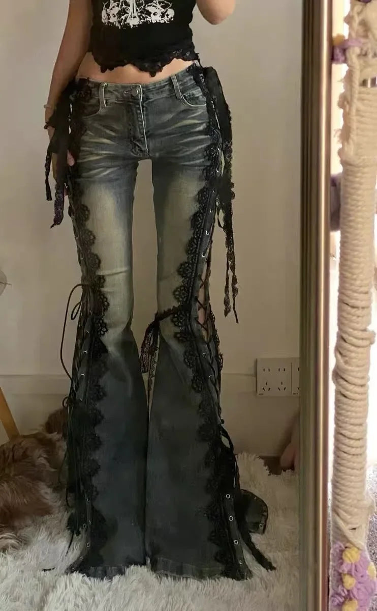 Gothic Y2K Alt Goth Eyelet Lace Up Bell Bottom Flare Jeans Pants
