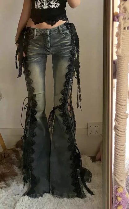 Gothic Y2K Alt Goth Eyelet Lace Up Bell Bottom Flare Jeans Pants
