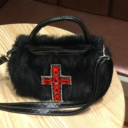 Gothic Y2k Cross Applique Faux Fur Crossbbody Bag
