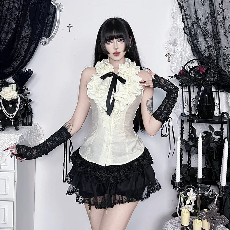 Gothic Victorian Ruffle Collar Bow Tie Sleeveless Vest Top