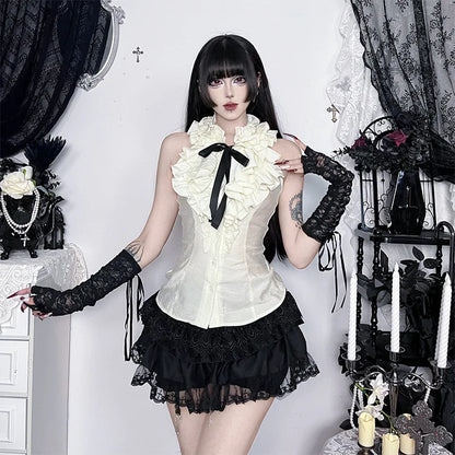 Gothic Victorian Ruffle Collar Bow Tie Sleeveless Vest Top