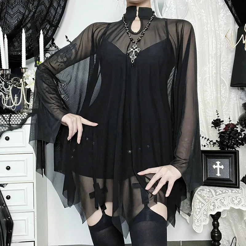 Gothic Alt Goth Black Spaghetti Strap Bodysuit Top + Sheer Cape Set