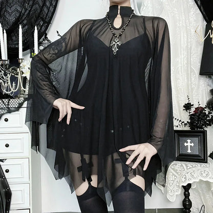 Gothic Alt Goth Black Spaghetti Strap Bodysuit Top + Sheer Cape Set