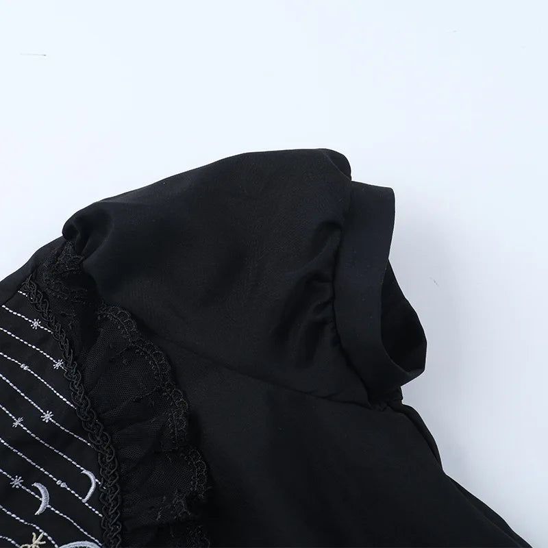 Gothic Moon Cathedral Embroidery Lace Trim Puff Sleeve Top