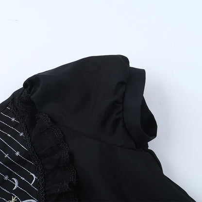 Gothic Moon Cathedral Embroidery Lace Trim Puff Sleeve Top