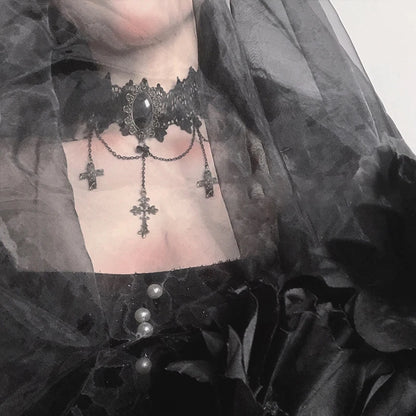 Gothic Victorian Goth Adjustable Lace Cross Choker Necklace