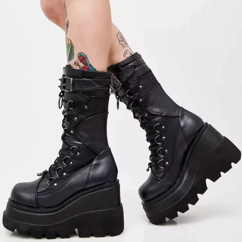 Gothic Alt Goth O-Ring Spiked Buckle Mid-calf Platform Boots