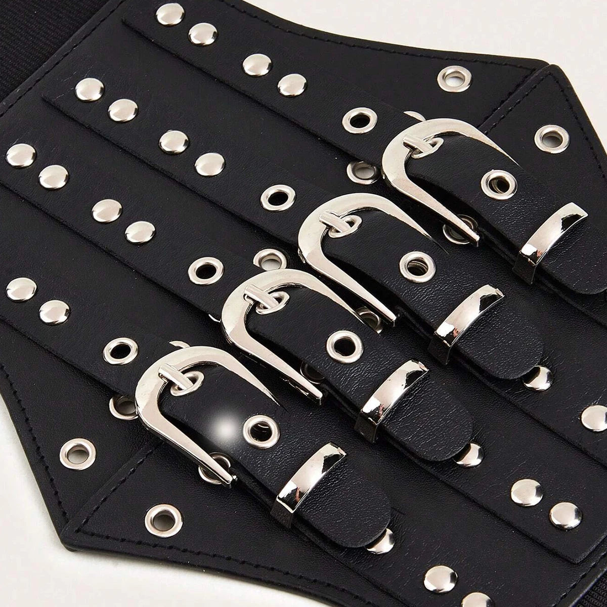 Gothic Alt Goth Studded Multiple Buckles Wide Elastic Cummerbund Belt