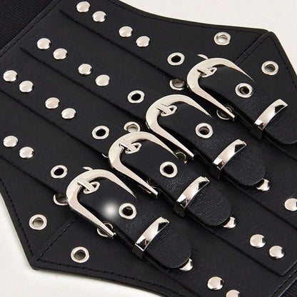 Gothic Alt Goth Studded Multiple Buckles Wide Elastic Cummerbund Belt