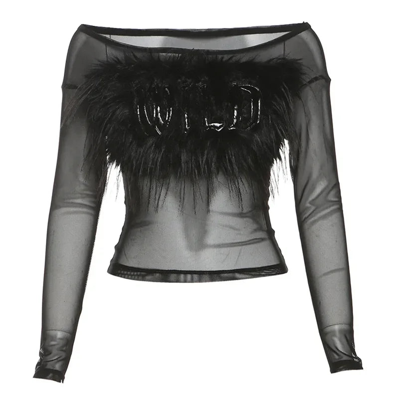 Gothic Y2K Alt Mesh Faux Fur Top – ROCK 'N DOLL