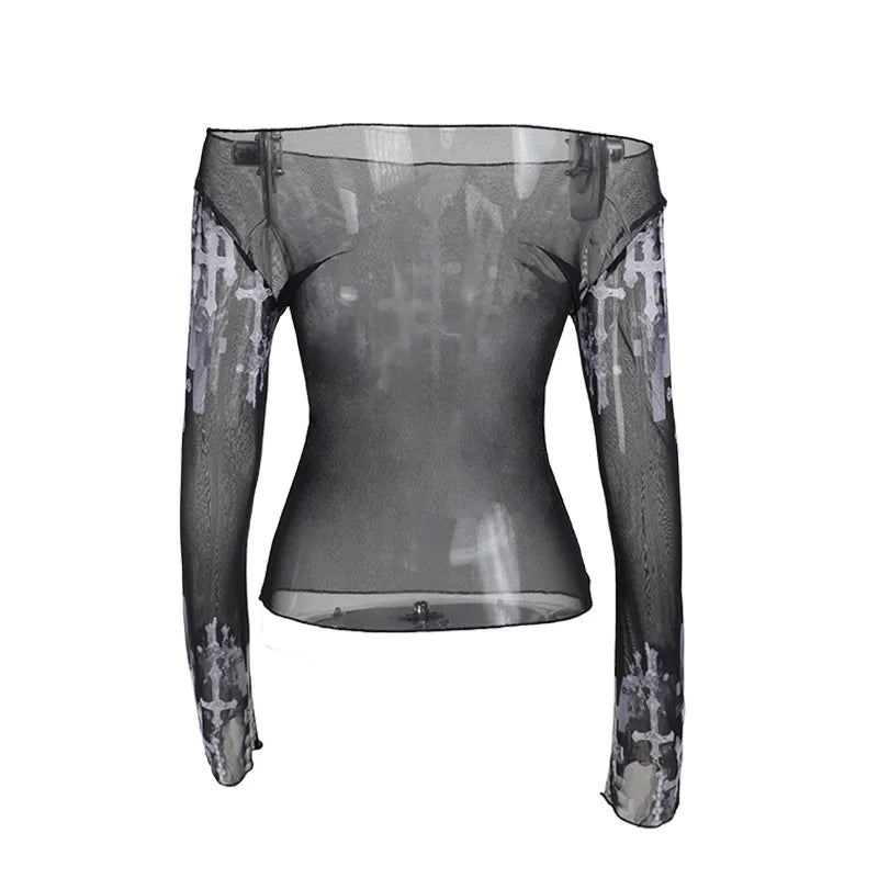 Gothic Cross Print Off Shoulder Mesh Long Sleeve Top