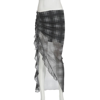 Alt Gothic Y2K Plaid Ruffles See Through Slit Skirt