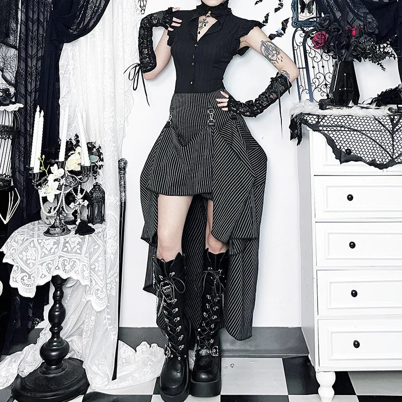 Gothic Alt Goth Pinstriped Ruched Skirt