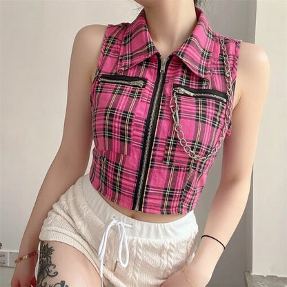 Gothic Grunge Alt Goth Punk Zipper Chain Plaid Vest Top (available in 2 colors)