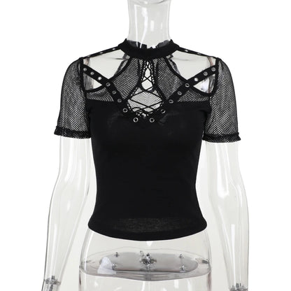 Gothic Fishnet Grommet Cut Out Short Sleeve Top