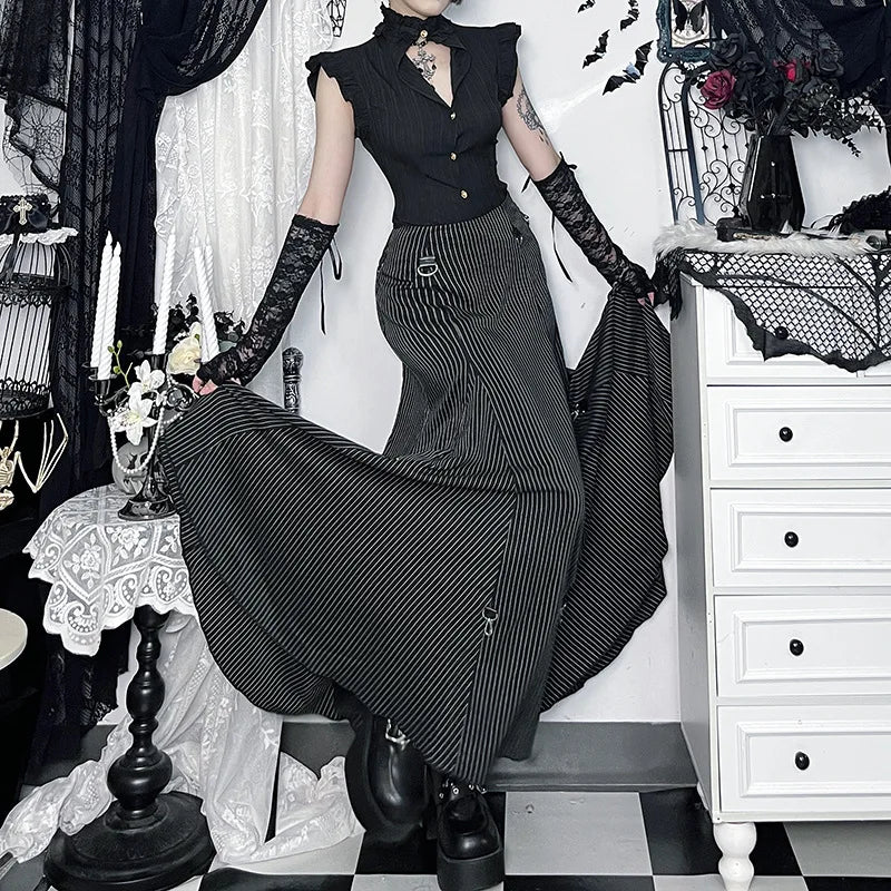 Gothic Alt Goth Pinstriped Ruched Skirt