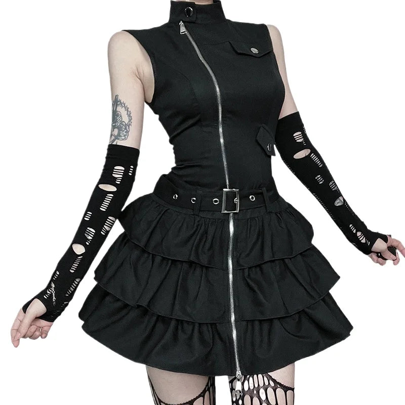 Gothic Alt Dark Goth Punk Zippered High Collar Mini Dress ROCK 'N DOLL Gothic Alt Dark Goth Punk Zippered High Collar Mini Dress ROCK 'N DOLL