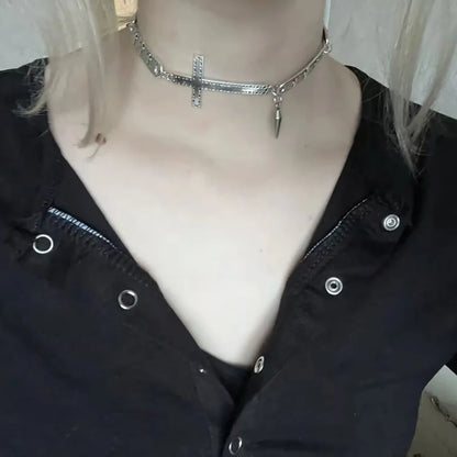 Gothic Y2K Silver Color Spliced Cross Choker Necklace