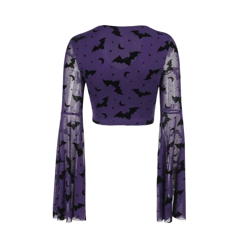 Gothic Alt Goth Batwing Flock V-neck Long Sleeve Top