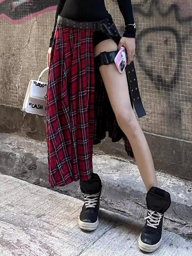 Gothic Grunge 90s Y2K Red Plaid A-Line Side Slit Skirt