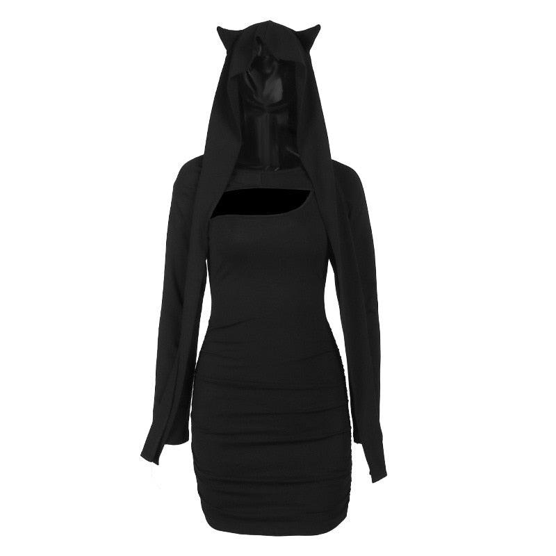 Gothic Cat Ear Hooded Bolero Mini Bodycon Dress Set