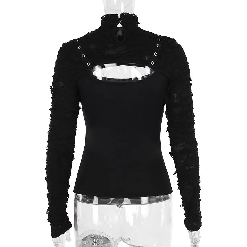 Gothic Alt Y2K Goth Buckle Straps Deconstructed Keyhole Long Sleeve Top