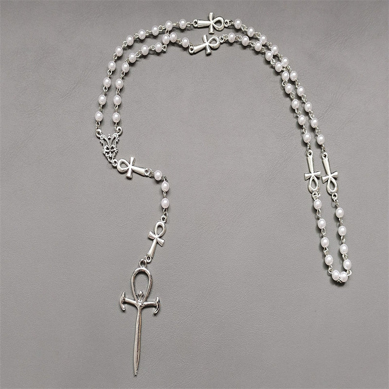 Gothic Ankh Cross Pearl Rosary Necklace