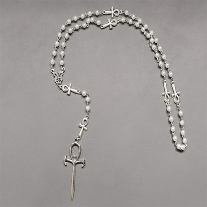 Gothic Ankh Cross Pearl Rosary Necklace