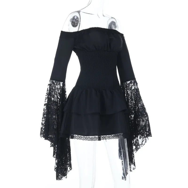 Gothic Alt Goth Off Shoulder Lace Trim Batwing Sleeves Mini Dress