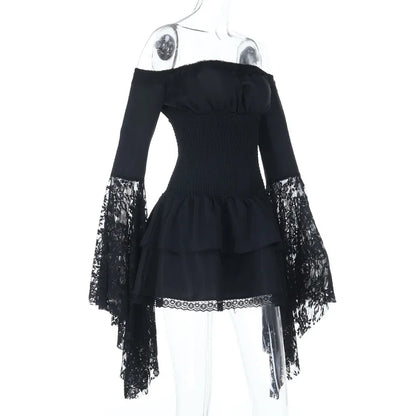Gothic Alt Goth Off Shoulder Lace Trim Batwing Sleeves Mini Dress