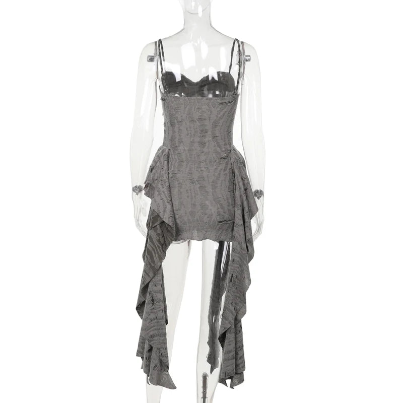 Gothic Y2K Gray Distressed Irregular Hem Patchwork Mini Dress