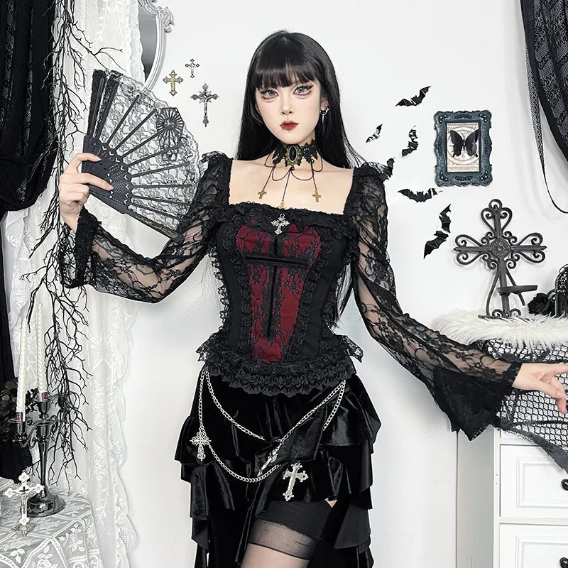 Gothic Cross Patchwork Lace Sleeves Romantic Goth Top