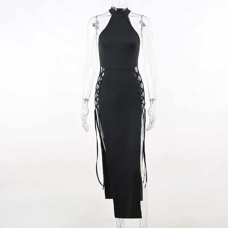 Gothic Alt Goth Dark Cosplay Lace Up High Slit Dress