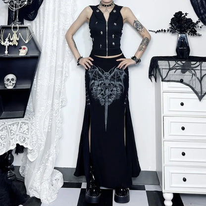 Alt Gothic Bat Skulls Print Lace Up Sides Long Skirt