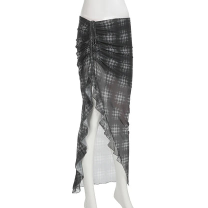 Alt Gothic Y2K Plaid Ruffles See Through Slit Skirt